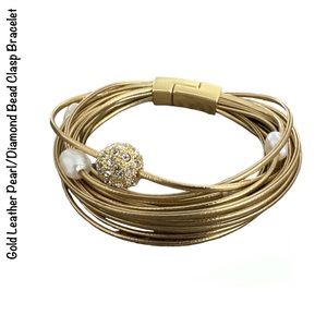 Multiple Gold Leather Pearl/Diamond Bead/Beaded Magnetic Clasp Bracelet